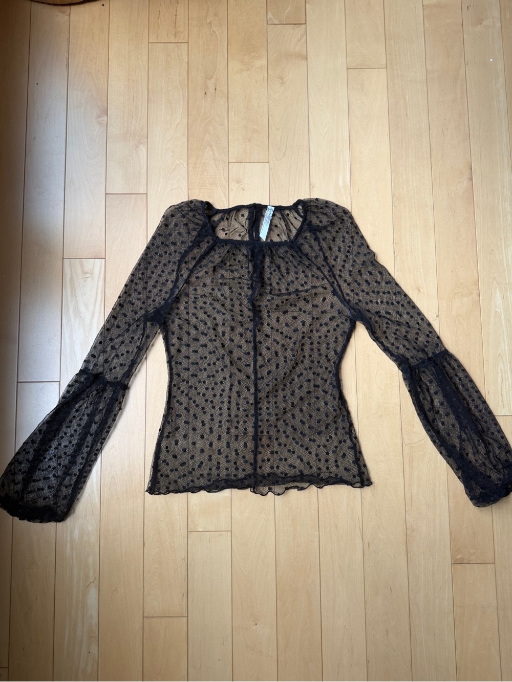 Free People Black Sheer Dot Mesh Peasant Blouse